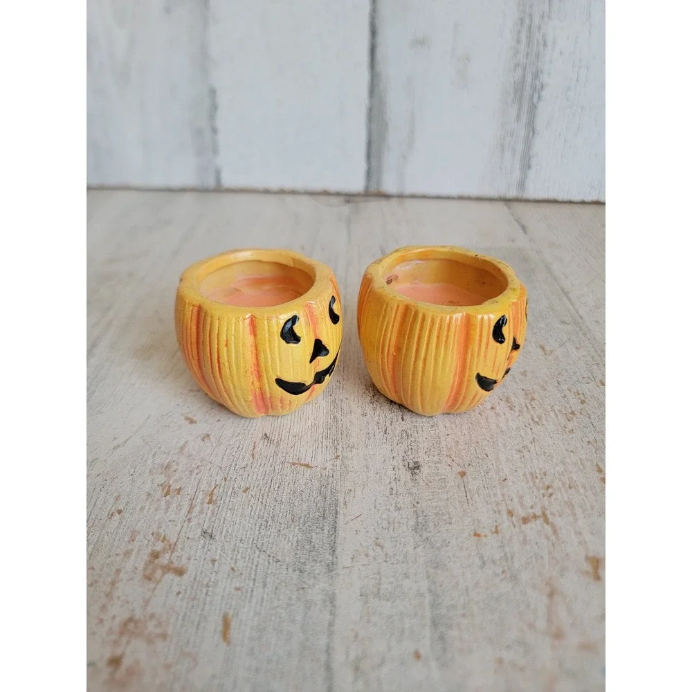 Vintage ceramic Jack O'Lantern pumpkin mini candle unique set home